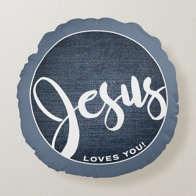 Jesus Loves You Denim Circle Round Pillow (Front)