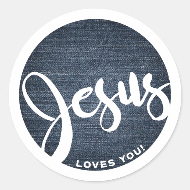 Jesus Loves You Denim Classic Round Sticker (Front)