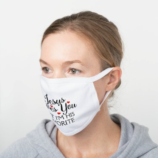 Jesus Loves You Favorite White Cotton Face Mask (Angled)