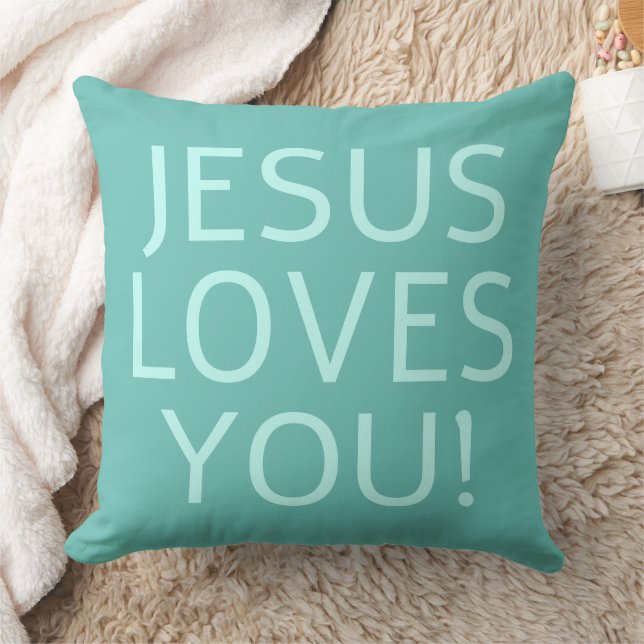 Jesus loves you | Green aqua & light teal Throw Pillow (Blanket)