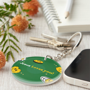 "Jesus Loves You" Green Smiley For Church Goers Keychain