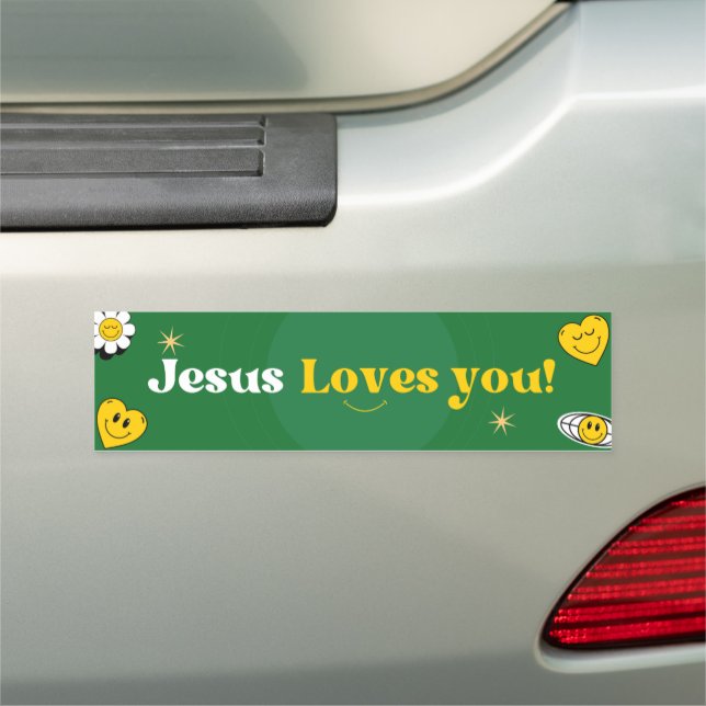 Jesus Loves You Green Yellow Smiley Cute  Car Magnet (In Situ)
