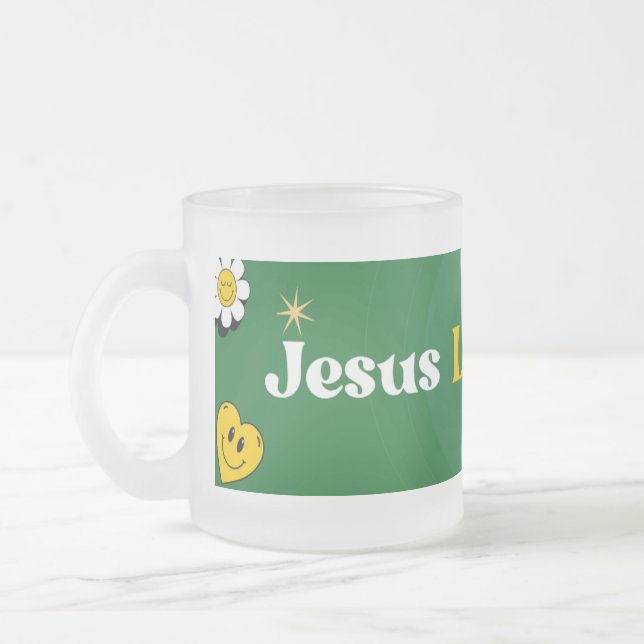 Jesus Loves You Green Yellow Smiley Cute  Frosted Glass Coffee Mug (Left)