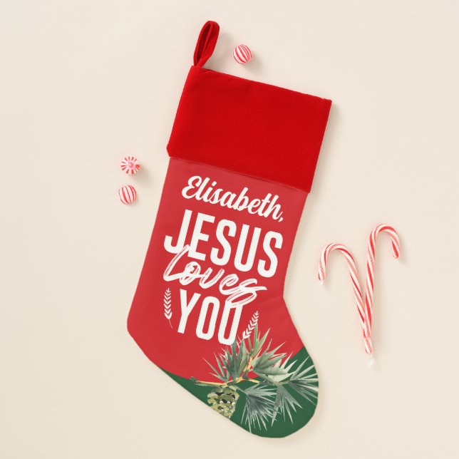 Jesus Loves You modern custom name Christian Christmas Stocking (Front)