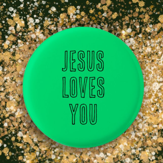 Jesus Loves You Personalized Green & Black Modern Button (Custom text buttons. Colorful vibrant green button. Jesus loves you. Christian religious gift
)