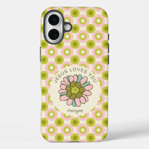 Jesus Loves You Pink Green Retro Circles Pattern iPhone 16 Plus Case