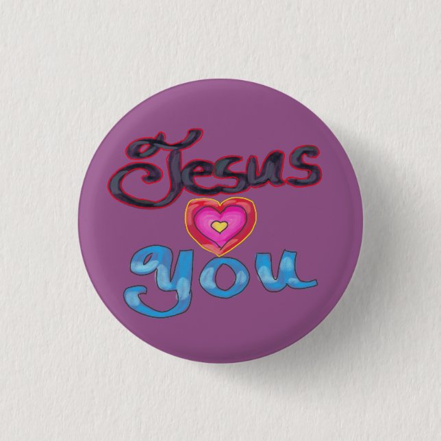  ‘Jesus Loves You’ Pink Heart on Purple Button (Front)