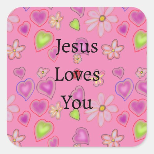 Jesus Loves You Purple Green Hearts Square Sticker