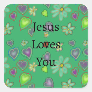 Jesus Loves You Purple Green Hearts Square Sticker