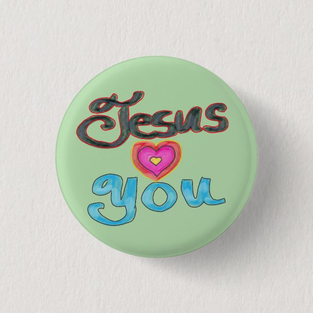 ‘Jesus Loves You’ Quote Pink Heart Green  Button (Front)
