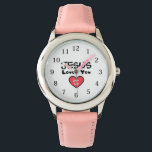 Jesus Loves You Red Heart Numbers Watch<br><div class="desc">Sweet and fun Christian "Jesus Loves You" quote in black with a cute little heart typography. Makes a great girl's birthday gift! #Christian #religion #faith #bible #jesus #hearts</div>