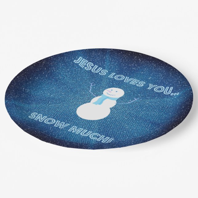 Jesus Loves You Snow Much! Christian Snowman Blue Paper Plates (Angled)