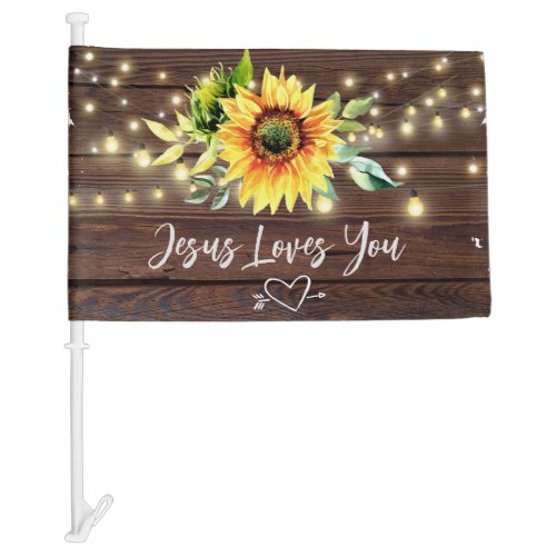 Jesus Loves You Sunflower String Lights Heart Car Flag