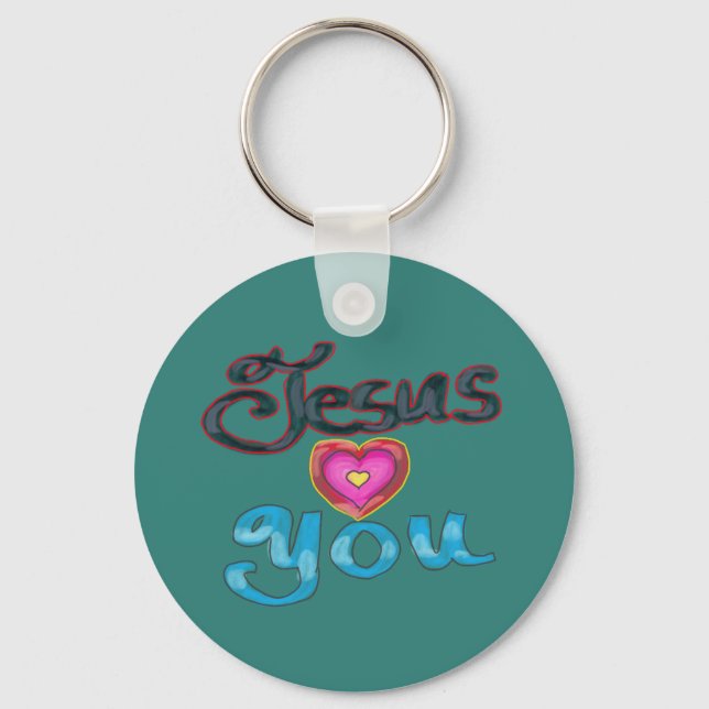 ‘Jesus Loves You’ Turquoise Custom Name  Keychain (Front)