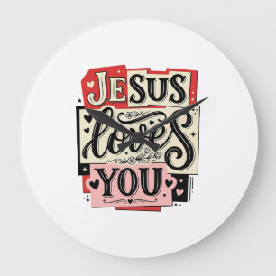 Jesus Loves You Vintage Engraving Christian Typogr Large Clock