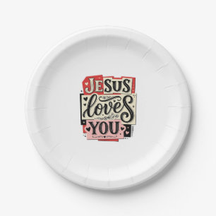 Jesus Loves You Vintage Engraving Christian Typogr Paper Plates