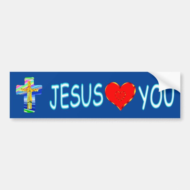 Jesus Loves You With Christian Cross Bumper Sticker (Front)