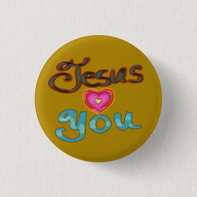 ‘Jesus Loves You’ with Pink Heart on Gold  Button (Front)