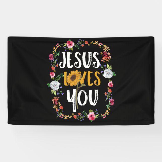 Jesus Loves You With Round Flower Frame Christian Banner (Horizontal)