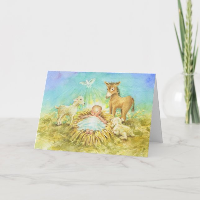 Jesus Manger With Animals Christmas Greeting Card (Front)