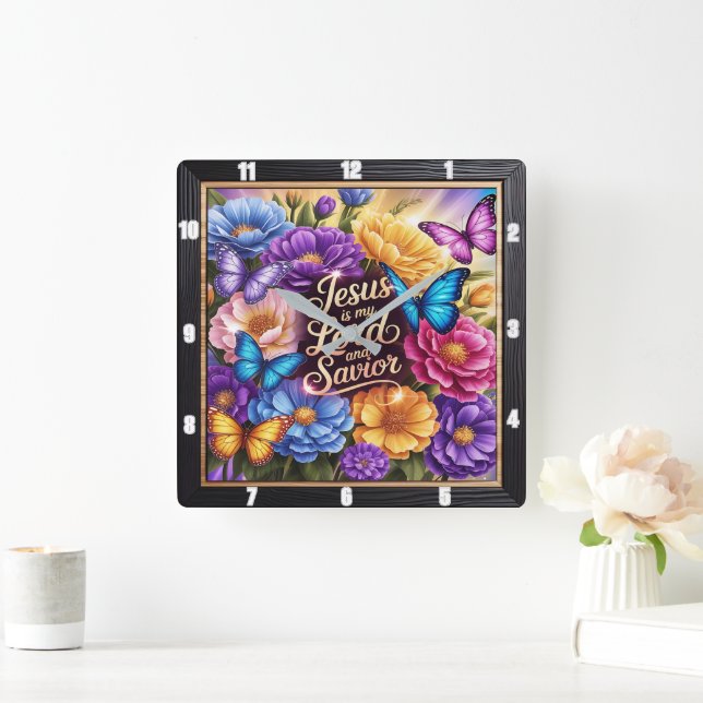 Jesus My Lord Savior Flowers Square Wall Clock (Home)