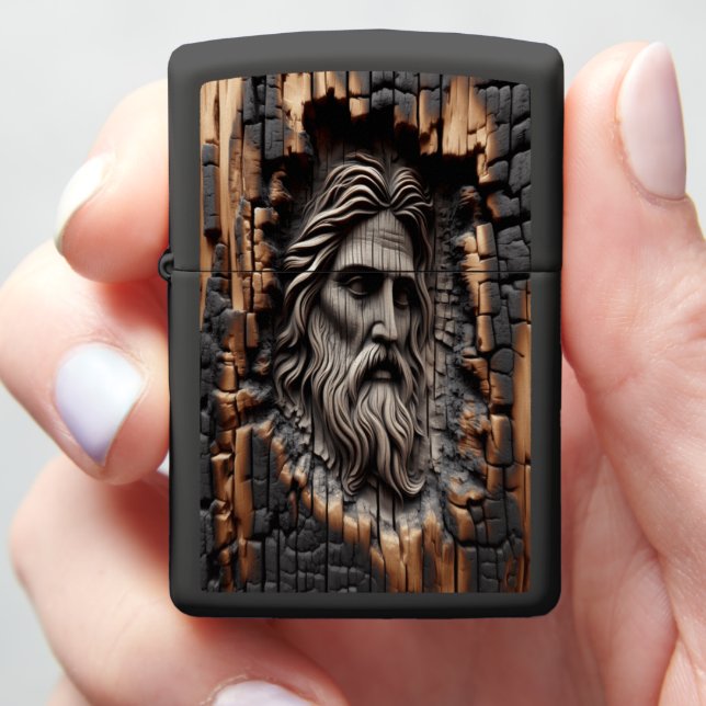 Jesus Mythical Wooden Sculpture Zippo Lighter (In Hand)