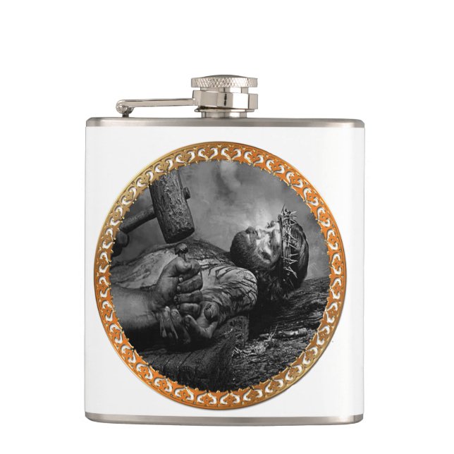 Jesus Nailed with his arms and hands being fasten Hip Flask (Front)