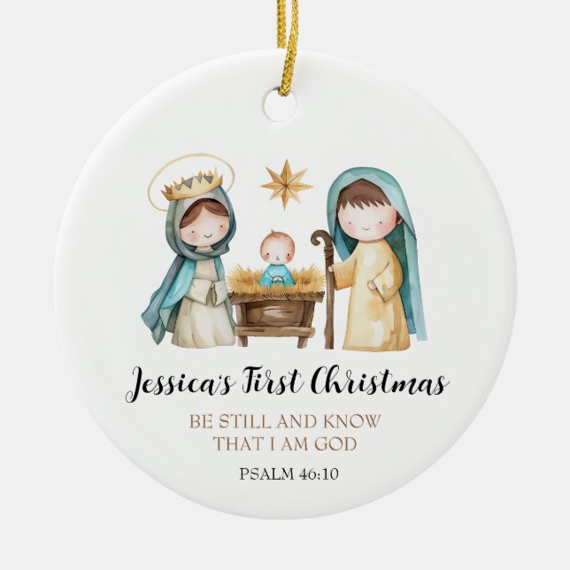 Jesus Nativity Scene Bible Verse First Christmas Ceramic Ornament (Front)
