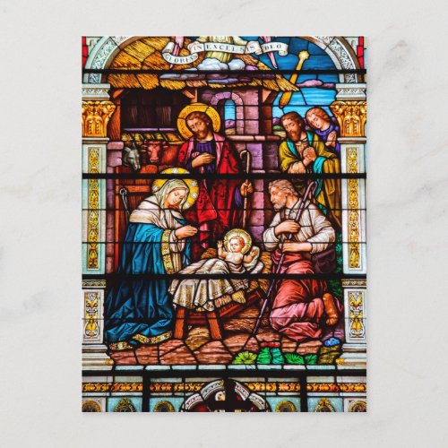 Jesus Nativity Scene in Stained Glass Holiday Postcard