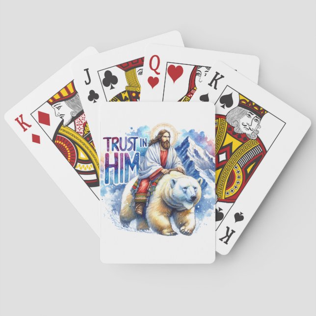Jesus on a polar bear in mountains poker cards (Back)