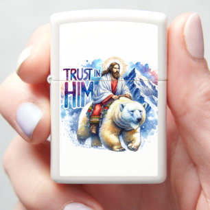 Jesus on a polar bear in mountains zippo lighter
