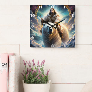 Jesus on a polar bear square wall clock