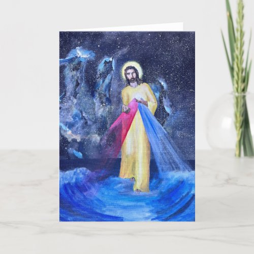 Jesus on blue water with galaxy and outerspace thank you card
