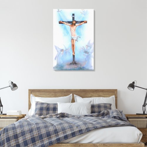 Jesus on cross with birds Wrapped Canvas