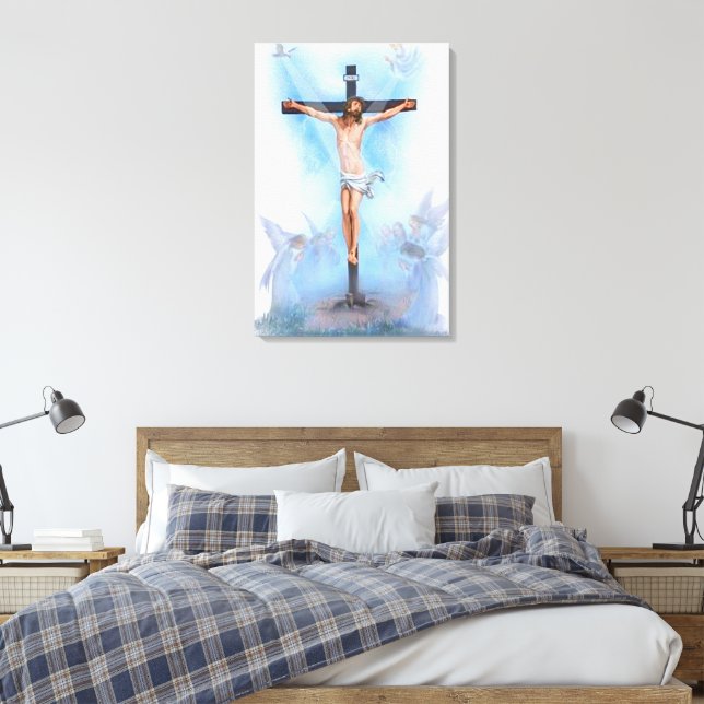 Jesus on cross with birds Wrapped Canvas Print (Insitu(Bedroom))