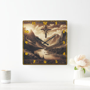 Jesus on Cross With Mountain View Square Wall Clock