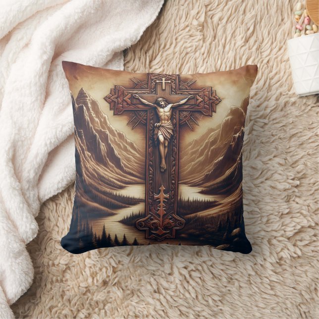 Jesus On The Cross In Mountain Landscape Throw Pillow (Blanket)