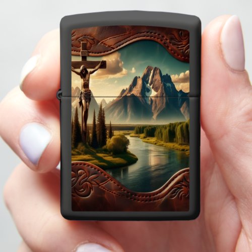 Jesus On The Cross Mountain Landscape Zippo Lighter