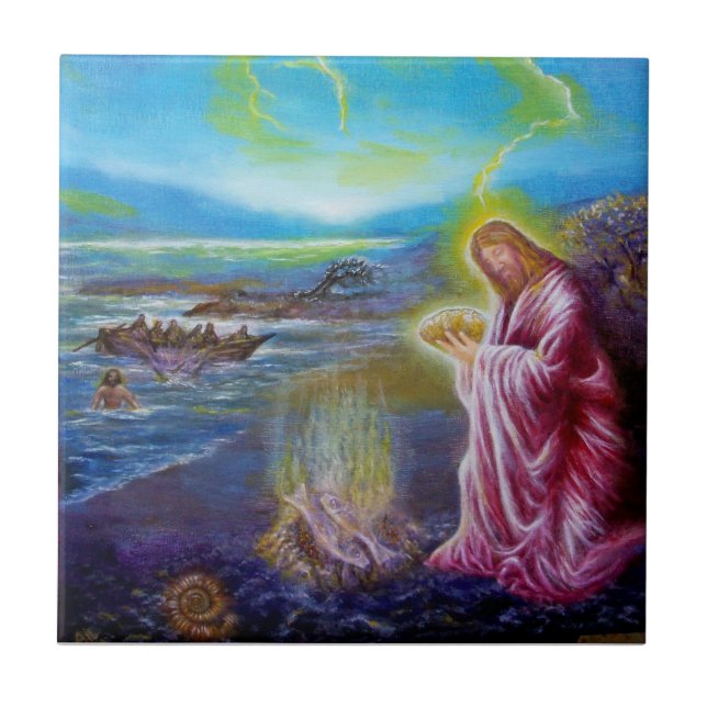 JESUS ON THE SEASHORE ,St John 21 Ceramic Tile (Front)