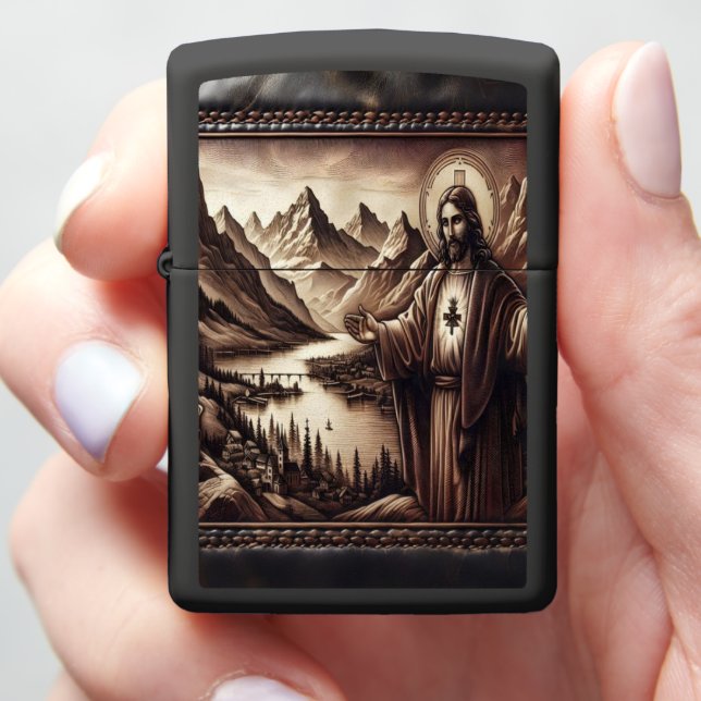 Jesus Over Mountain Lake Zippo Lighter (In Hand)