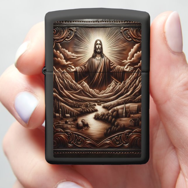 Jesus Over Mountains and River Zippo Lighter (In Hand)