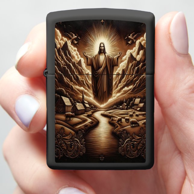 Jesus Over Mountains and Village Zippo Lighter (In Hand)