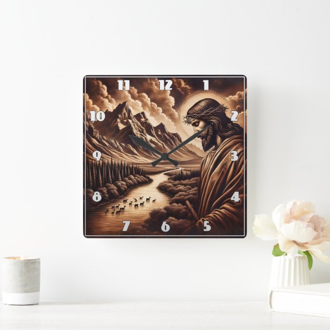 Jesus Overlooking a Peaceful River Landscape Square Wall Clock (Home)