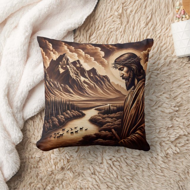 Jesus Overlooking a Peaceful River Landscape Throw Pillow (Blanket)