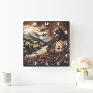 Jesus Overlooking a Serene Mountain Landscape Square Wall Clock