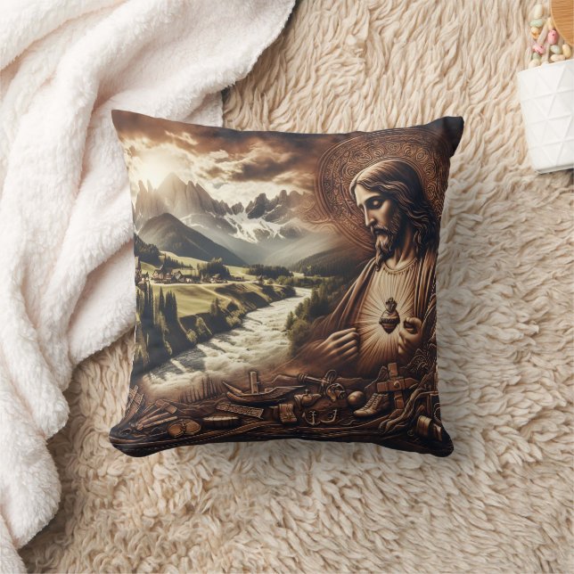 Jesus Overlooking a Serene Mountain Landscape Throw Pillow (Blanket)