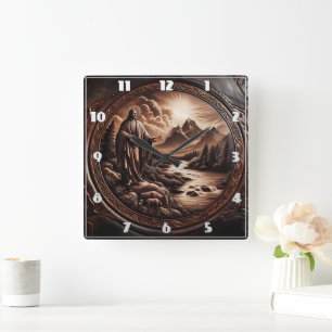 Jesus Overlooking a Serene Mountain Stream Square Wall Clock