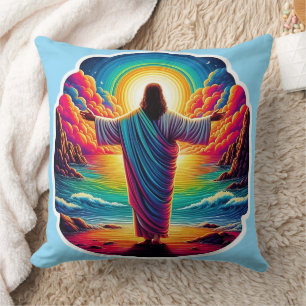 Jesus overlooking colorful sky throw pillow