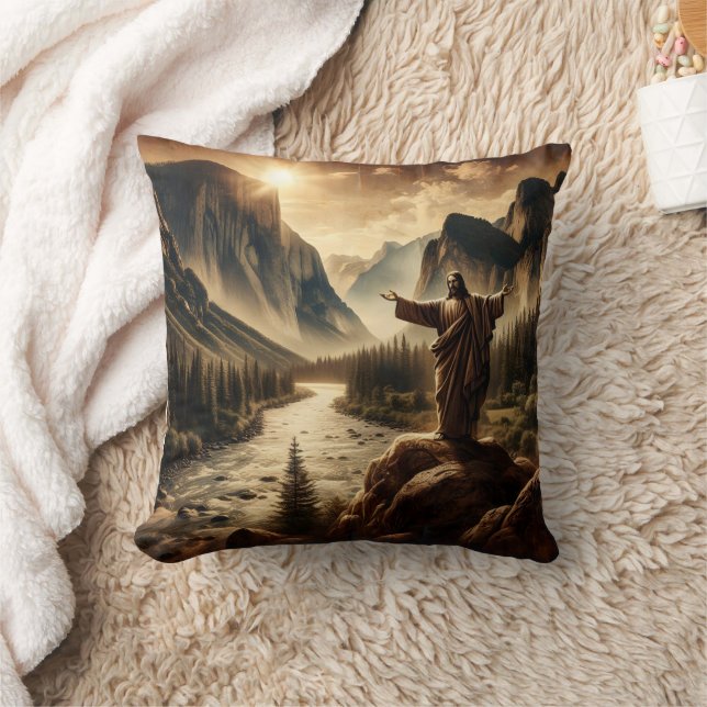 Jesus Overlooking Majestic Mountain Landscape Throw Pillow (Blanket)