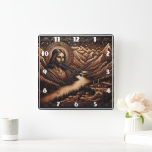 Jesus Overlooking Serene Mountain Valley Landscape Square Wall Clock